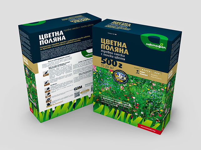 Опаковка за тревна смеска Лактофол Ботаника,
 Цветна поляна. Клиент: Джи Би Ем Комерс